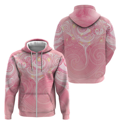 Breast Cancer Movement Maori Aotearoa Zip Hoodie Manta Ray - Pink Glaze