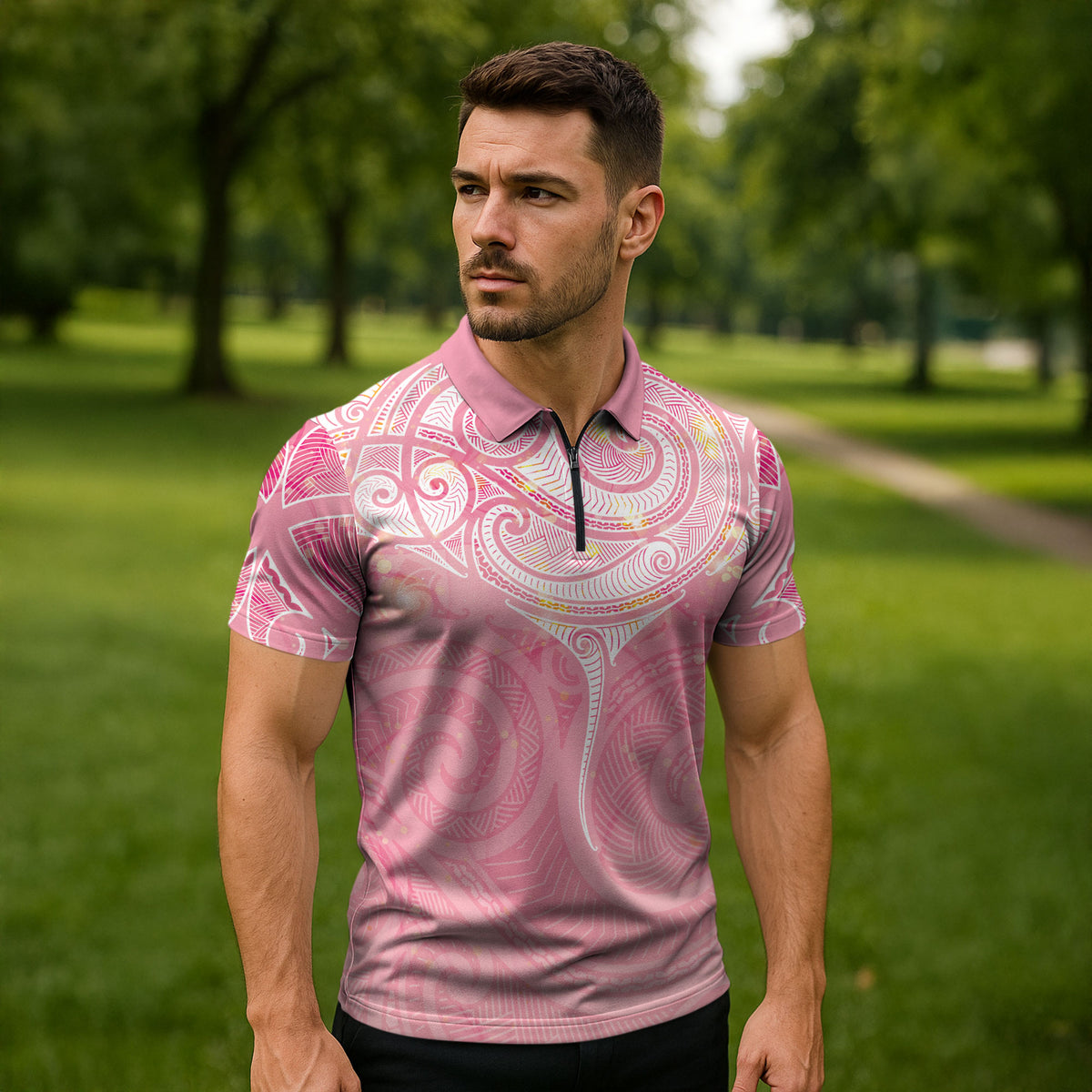 Breast Cancer Movement Maori Aotearoa Zipper Polo Shirt Manta Ray - Pink Glaze
