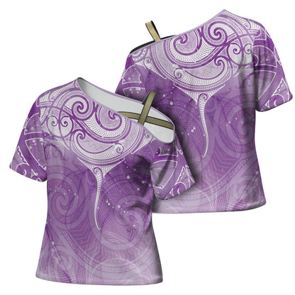 Epilepsy Month Maori Aotearoa Cross Shoulder Shirt Manta Ray - Purple Glaze