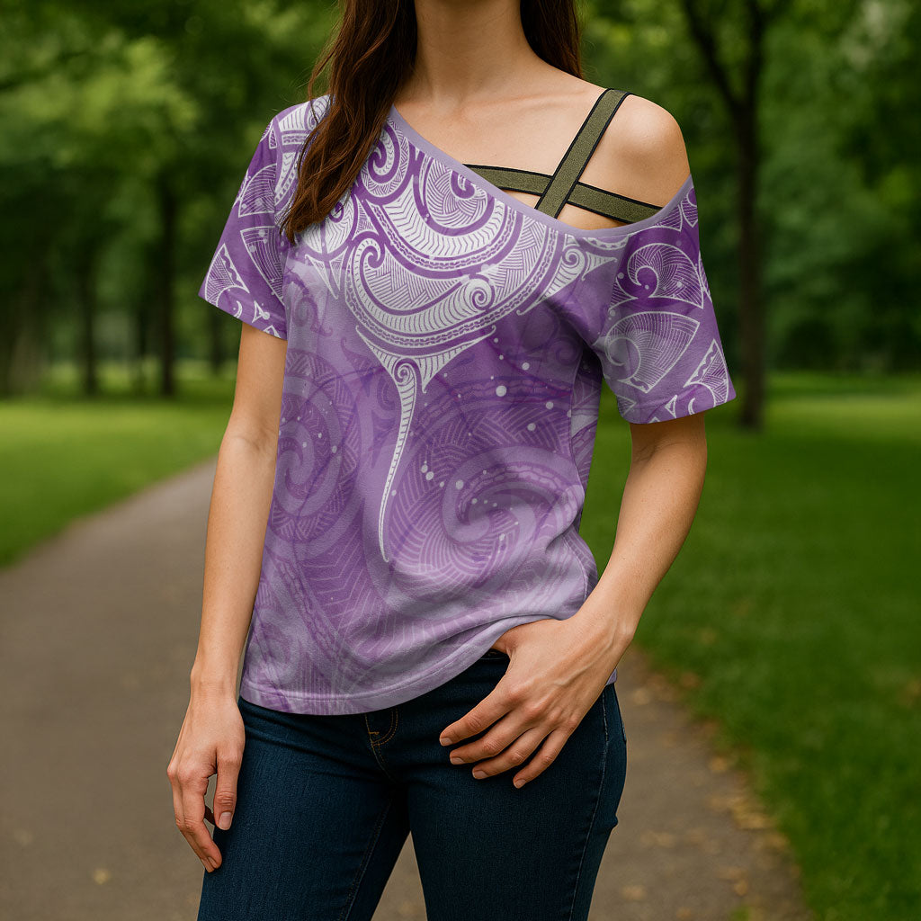 Epilepsy Month Maori Aotearoa Cross Shoulder Shirt Manta Ray - Purple Glaze