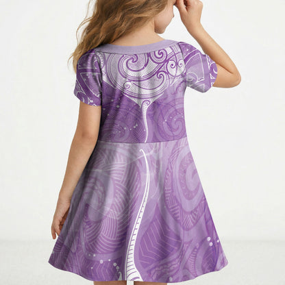 Epilepsy Month Maori Aotearoa Kid Short Sleeve Dress Manta Ray - Purple Glaze