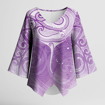 Epilepsy Month Maori Aotearoa Kimono Sleeve Blouse Manta Ray - Purple Glaze