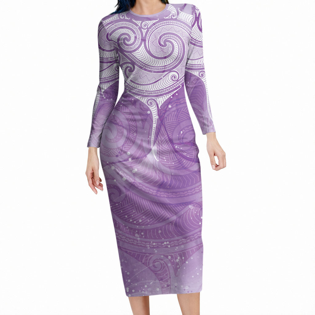 Epilepsy Month Maori Aotearoa Long Sleeve Bodycon Dress Manta Ray - Purple Glaze