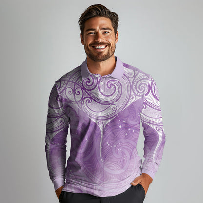 Epilepsy Month Maori Aotearoa Long Sleeve Polo Shirt Manta Ray - Purple Glaze