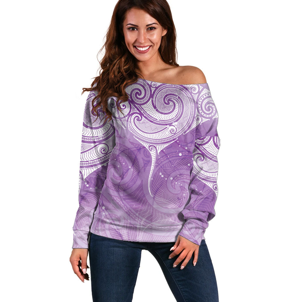 Epilepsy Month Maori Aotearoa Off Shoulder Sweater Manta Ray - Purple Glaze