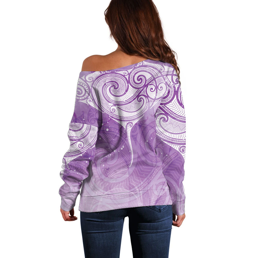 Epilepsy Month Maori Aotearoa Off Shoulder Sweater Manta Ray - Purple Glaze