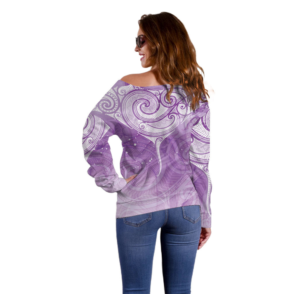 Epilepsy Month Maori Aotearoa Off Shoulder Sweater Manta Ray - Purple Glaze