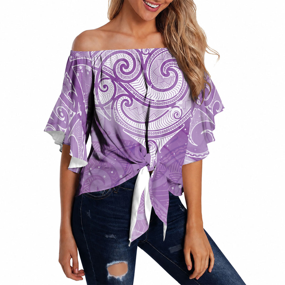 Epilepsy Month Maori Aotearoa Off Shoulder Wrap Waist Top Manta Ray - Purple Glaze