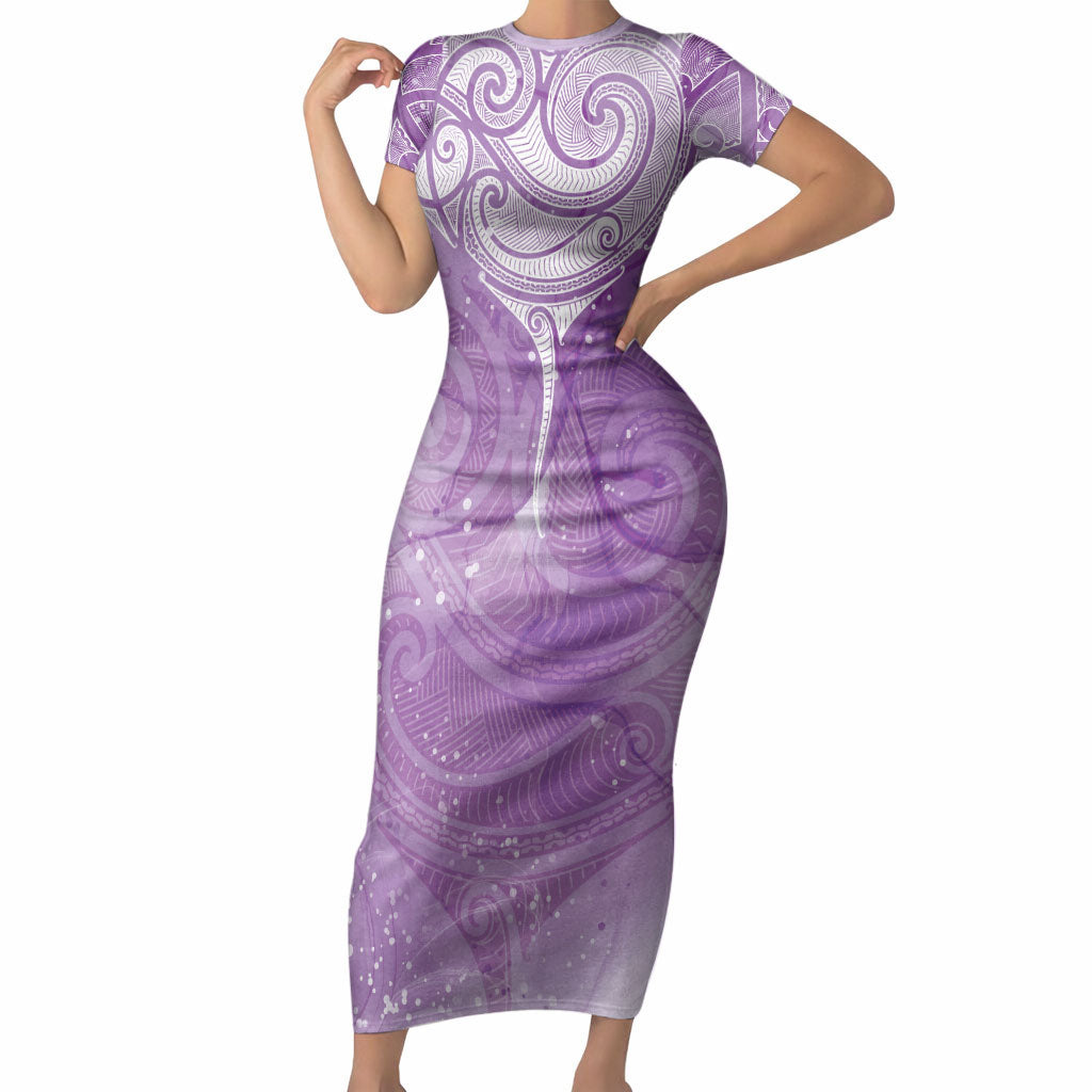 Epilepsy Month Maori Aotearoa Short Sleeve Bodycon Dress Manta Ray - Purple Glaze