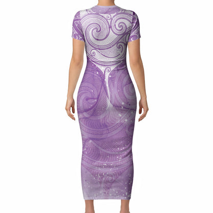 Epilepsy Month Maori Aotearoa Short Sleeve Bodycon Dress Manta Ray - Purple Glaze