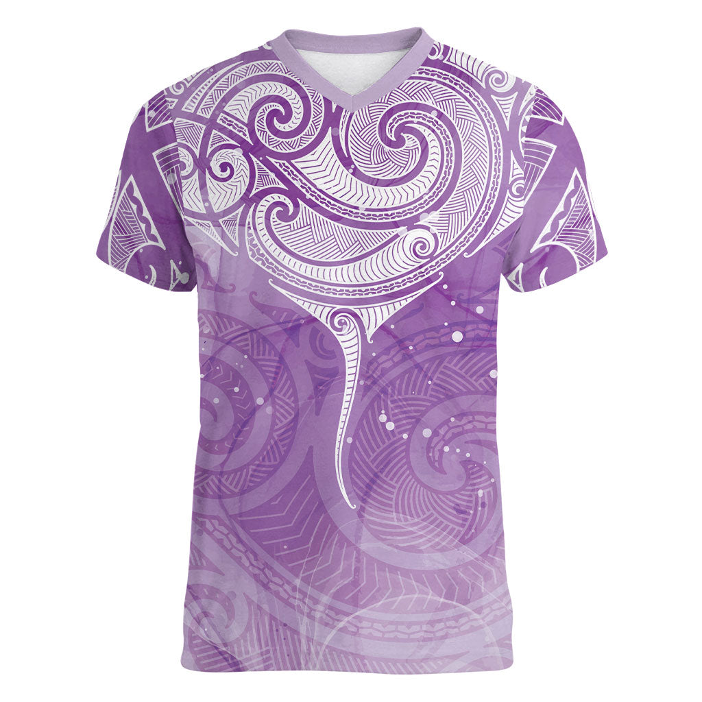 Epilepsy Month Maori Aotearoa Women V-Neck T-Shirt Manta Ray - Purple Glaze