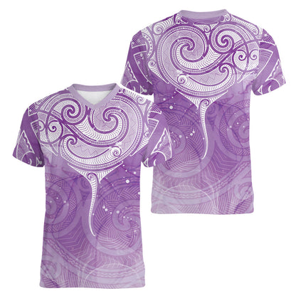 Epilepsy Month Maori Aotearoa Women V-Neck T-Shirt Manta Ray - Purple Glaze