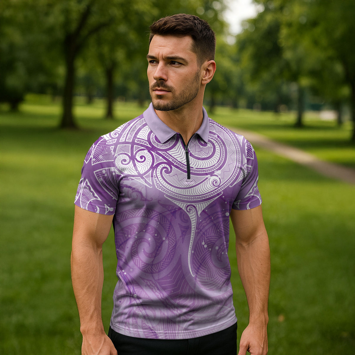 Epilepsy Month Maori Aotearoa Zipper Polo Shirt Manta Ray - Purple Glaze