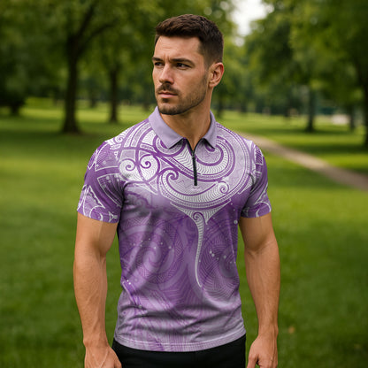 Epilepsy Month Maori Aotearoa Zipper Polo Shirt Manta Ray - Purple Glaze