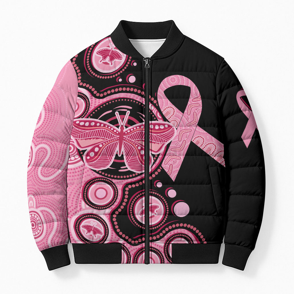 Australia Indigenous Bomber Puffer Jacket Breast Cancer Ribbon Butterfly Aboriginal Arts