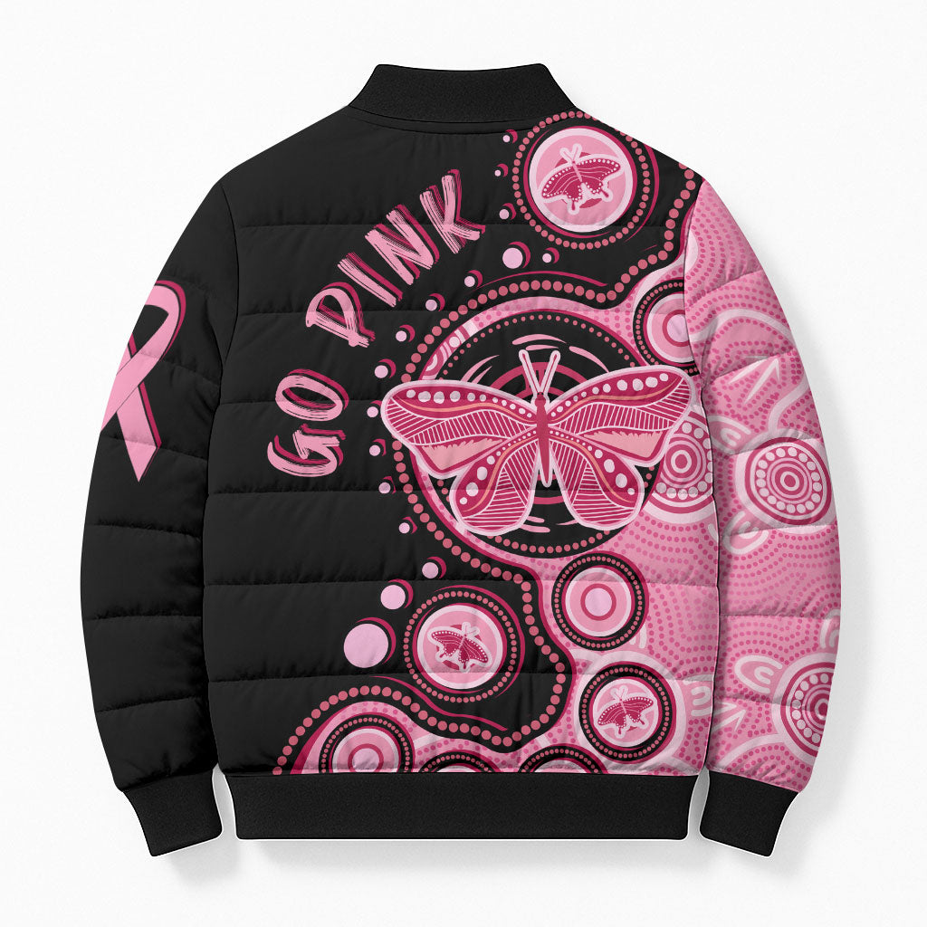 Australia Indigenous Bomber Puffer Jacket Breast Cancer Ribbon Butterfly Aboriginal Arts