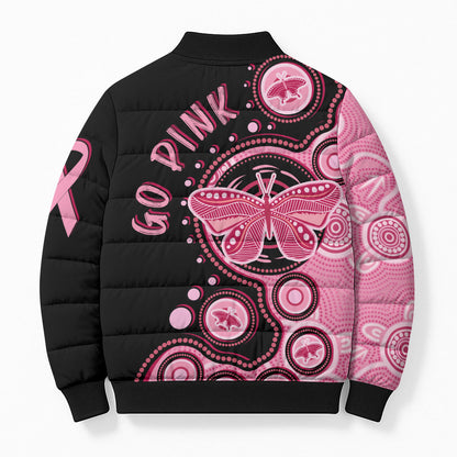 Australia Indigenous Bomber Puffer Jacket Breast Cancer Ribbon Butterfly Aboriginal Arts
