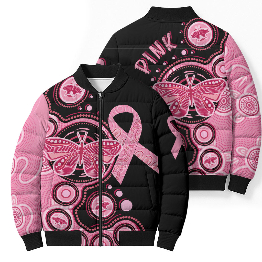 Australia Indigenous Bomber Puffer Jacket Breast Cancer Ribbon Butterfly Aboriginal Arts