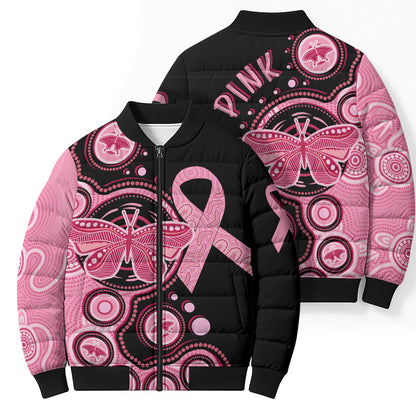 Australia Indigenous Bomber Puffer Jacket Breast Cancer Ribbon Butterfly Aboriginal Arts