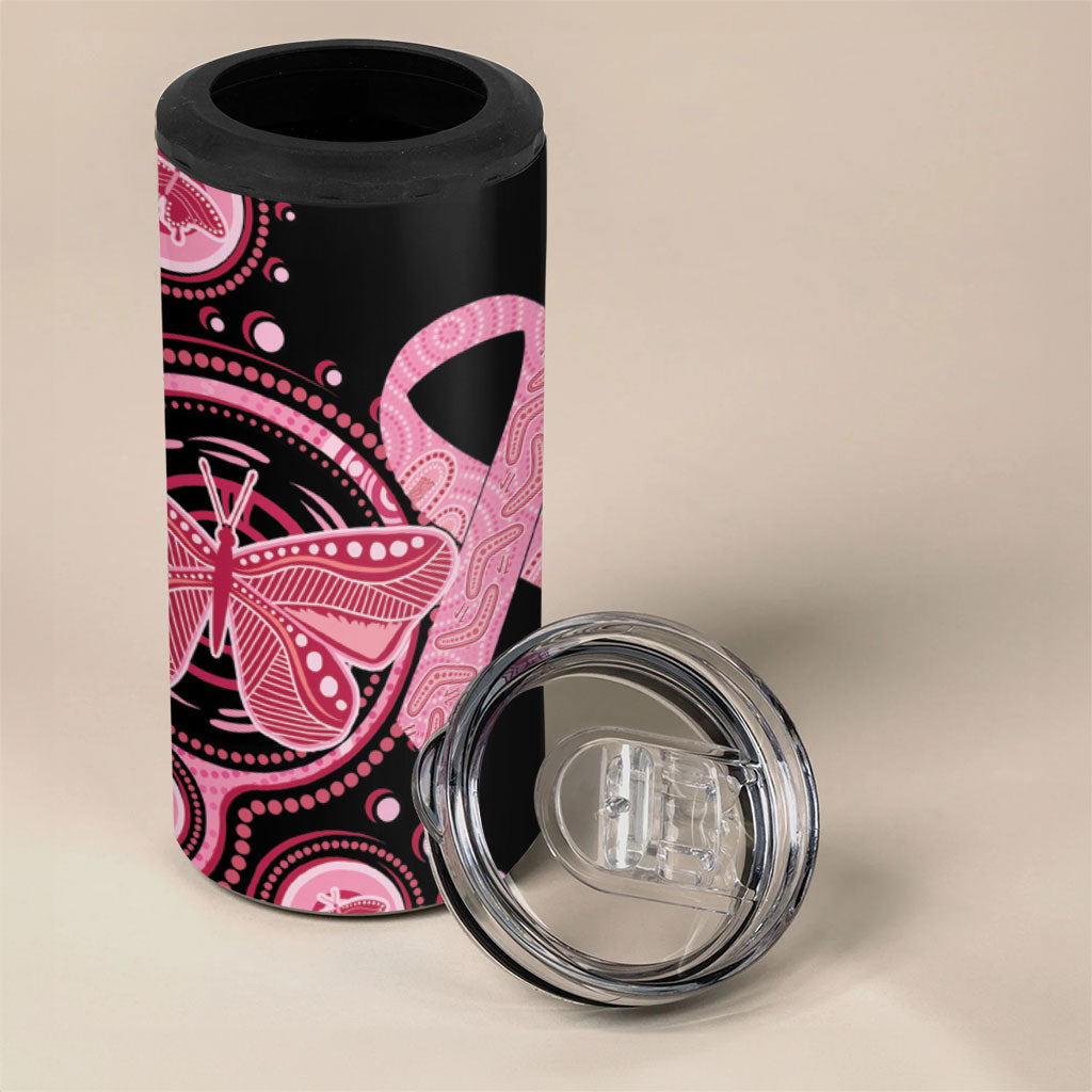 Australia Indigenous 4 in 1 Can Cooler Tumbler Breast Cancer Ribbon Butterfly Aboriginal Arts