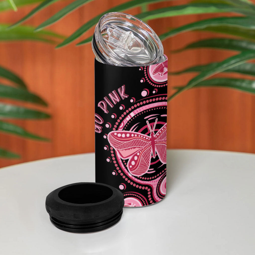 Australia Indigenous 4 in 1 Can Cooler Tumbler Breast Cancer Ribbon Butterfly Aboriginal Arts