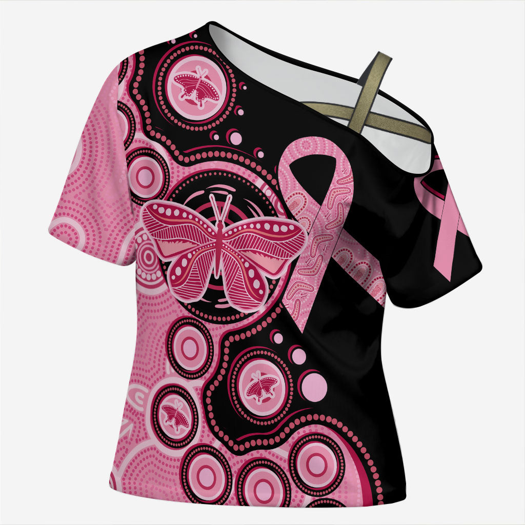 Australia Indigenous Cross Shoulder Shirt Breast Cancer Ribbon Butterfly Aboriginal Arts