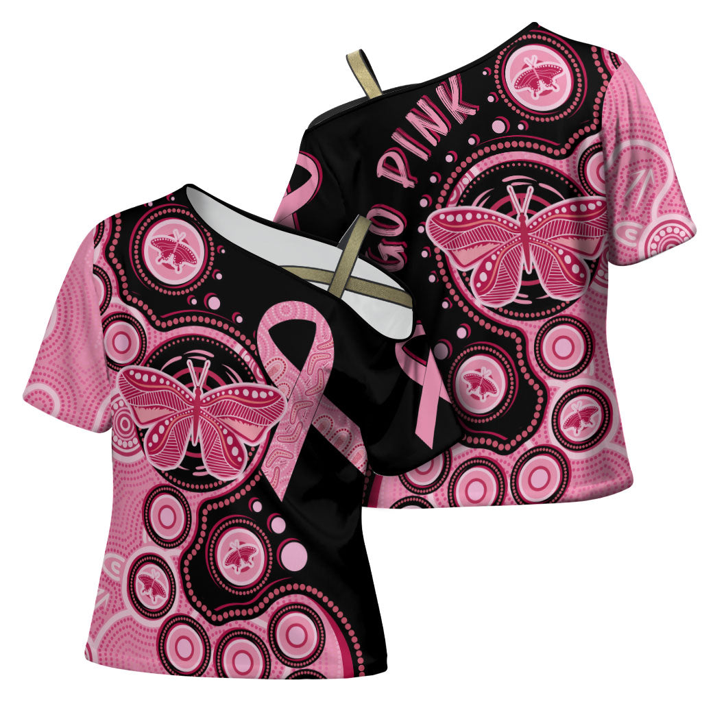 Australia Indigenous Cross Shoulder Shirt Breast Cancer Ribbon Butterfly Aboriginal Arts