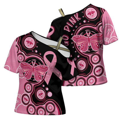 Australia Indigenous Cross Shoulder Shirt Breast Cancer Ribbon Butterfly Aboriginal Arts