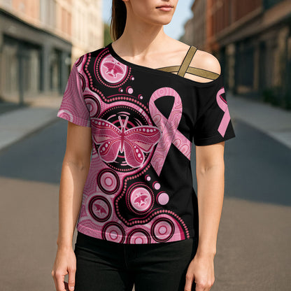 Australia Indigenous Cross Shoulder Shirt Breast Cancer Ribbon Butterfly Aboriginal Arts