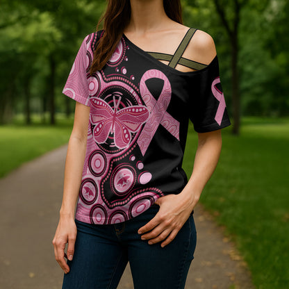Australia Indigenous Cross Shoulder Shirt Breast Cancer Ribbon Butterfly Aboriginal Arts
