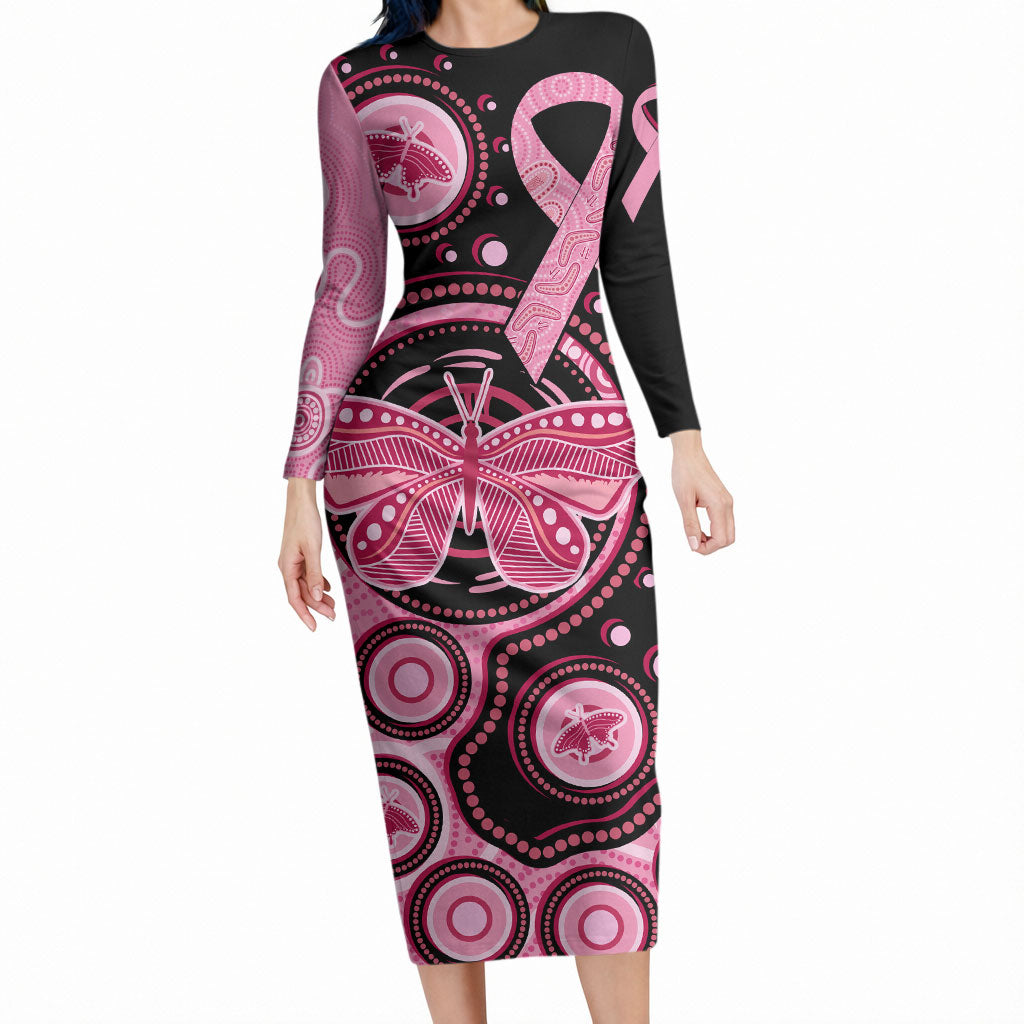 Australia Indigenous Long Sleeve Bodycon Dress Breast Cancer Ribbon Butterfly Aboriginal Arts