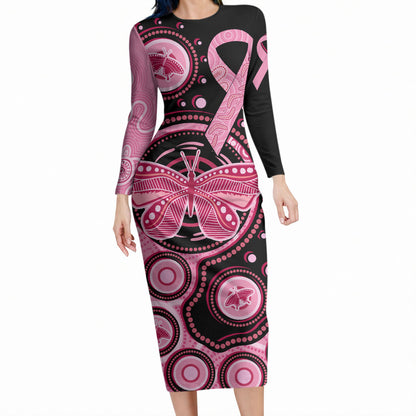 Australia Indigenous Long Sleeve Bodycon Dress Breast Cancer Ribbon Butterfly Aboriginal Arts