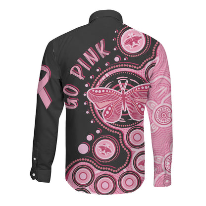 Australia Indigenous Long Sleeve Button Shirt Breast Cancer Ribbon Butterfly Aboriginal Arts