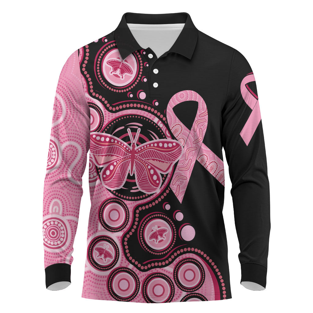 Australia Indigenous Long Sleeve Polo Shirt Breast Cancer Ribbon Butterfly Aboriginal Arts
