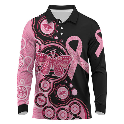 Australia Indigenous Long Sleeve Polo Shirt Breast Cancer Ribbon Butterfly Aboriginal Arts