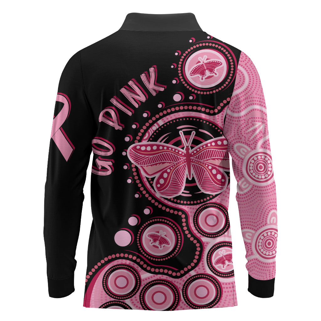 Australia Indigenous Long Sleeve Polo Shirt Breast Cancer Ribbon Butterfly Aboriginal Arts