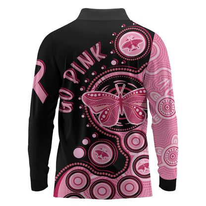 Australia Indigenous Long Sleeve Polo Shirt Breast Cancer Ribbon Butterfly Aboriginal Arts