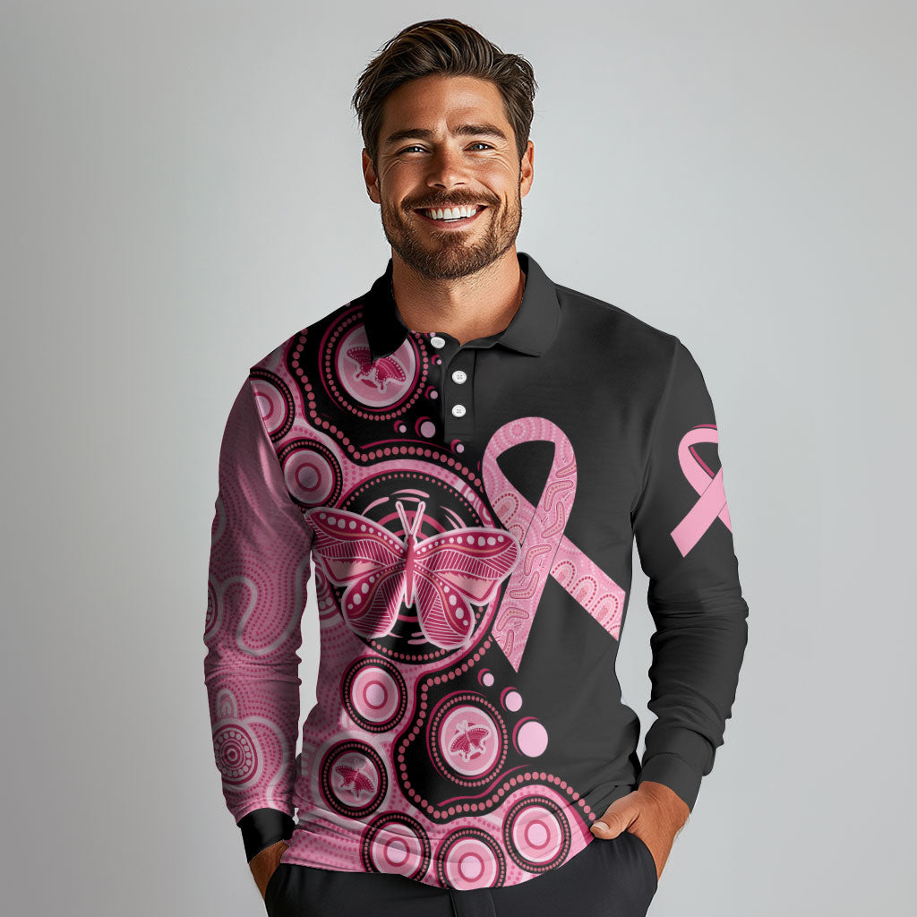 Australia Indigenous Long Sleeve Polo Shirt Breast Cancer Ribbon Butterfly Aboriginal Arts