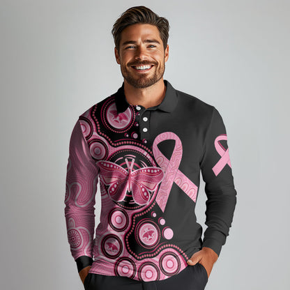 Australia Indigenous Long Sleeve Polo Shirt Breast Cancer Ribbon Butterfly Aboriginal Arts