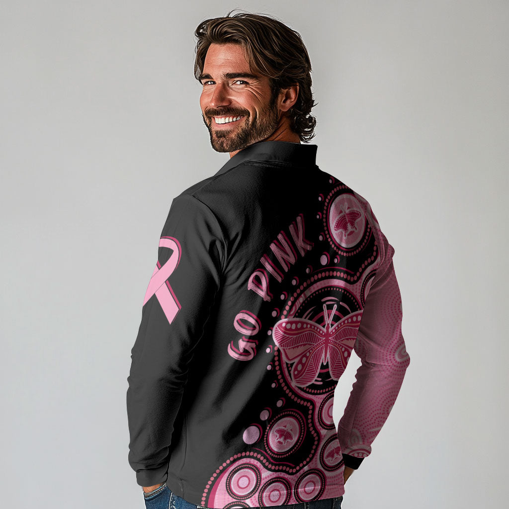 Australia Indigenous Long Sleeve Polo Shirt Breast Cancer Ribbon Butterfly Aboriginal Arts