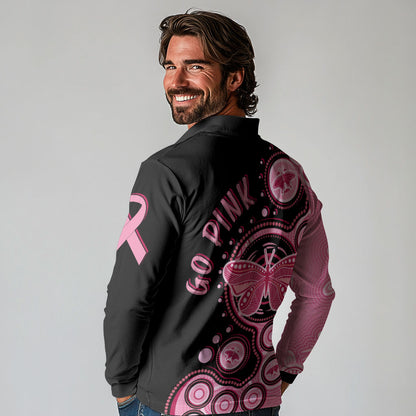 Australia Indigenous Long Sleeve Polo Shirt Breast Cancer Ribbon Butterfly Aboriginal Arts