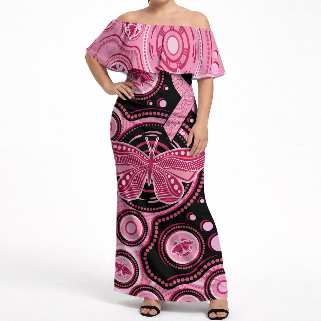 Australia Indigenous Off Shoulder Maxi Dress Breast Cancer Ribbon Butterfly Aboriginal Arts