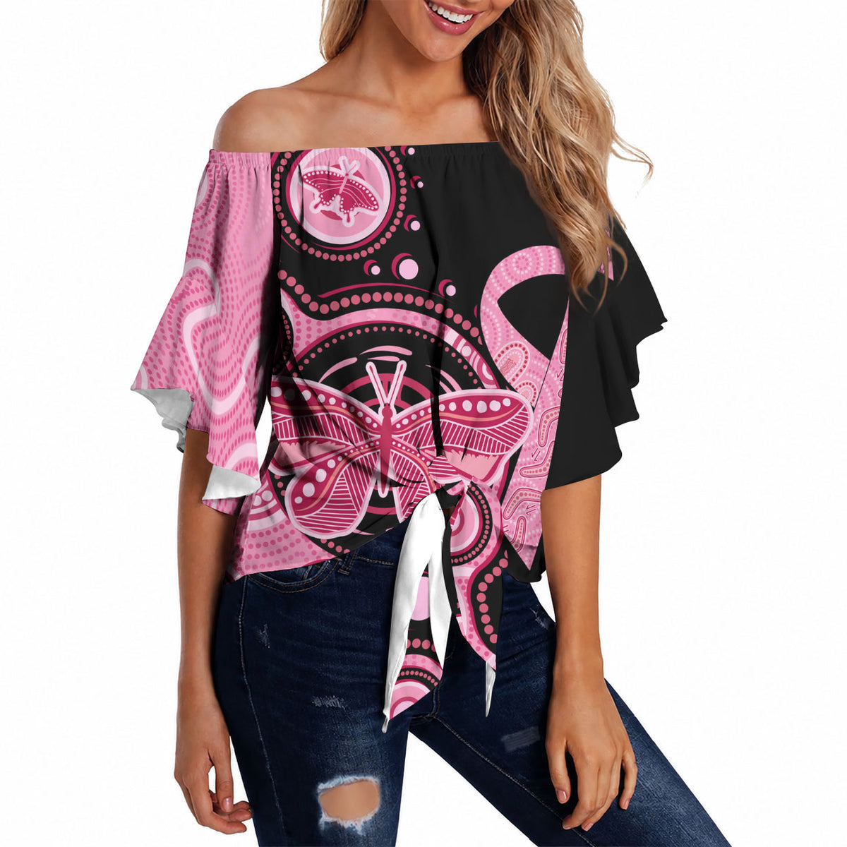 Australia Indigenous Off Shoulder Wrap Waist Top Breast Cancer Ribbon Butterfly Aboriginal Arts