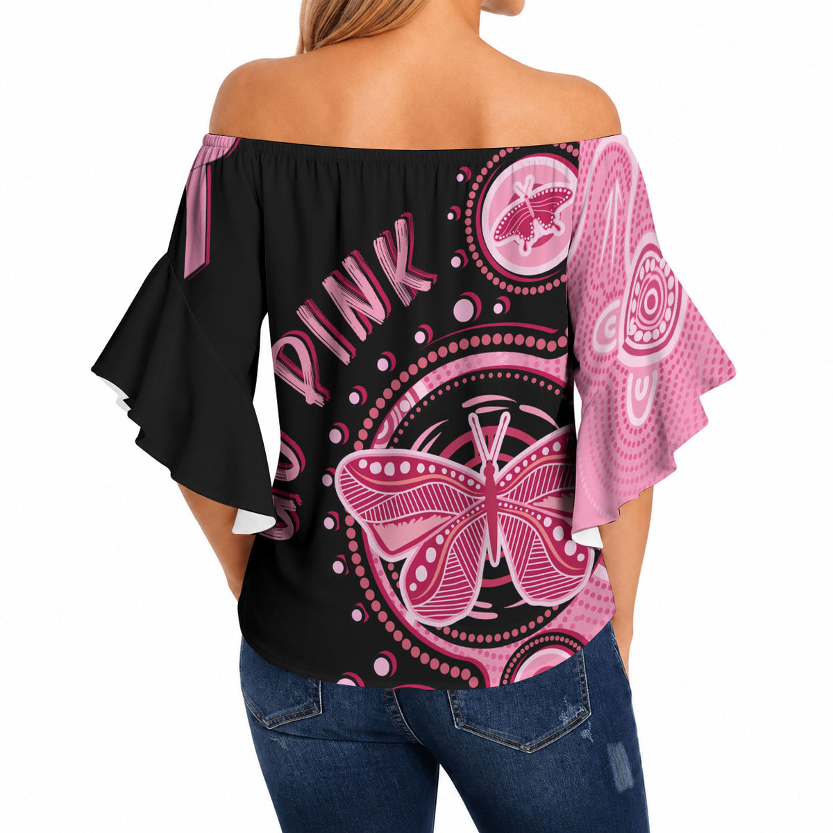 Australia Indigenous Off Shoulder Wrap Waist Top Breast Cancer Ribbon Butterfly Aboriginal Arts