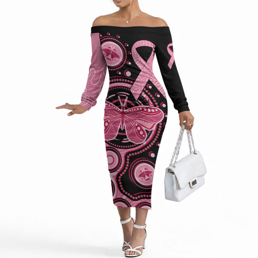 Australia Indigenous Off The Shoulder Long Sleeve Dress Breast Cancer Ribbon Butterfly Aboriginal Arts