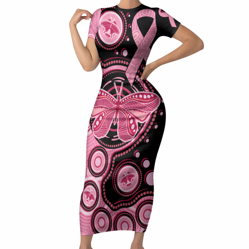 Australia Indigenous Short Sleeve Bodycon Dress Breast Cancer Ribbon Butterfly Aboriginal Arts