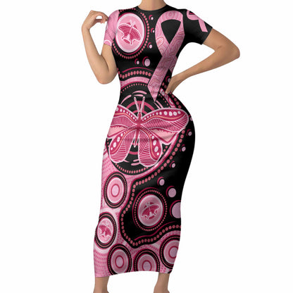 Australia Indigenous Short Sleeve Bodycon Dress Breast Cancer Ribbon Butterfly Aboriginal Arts