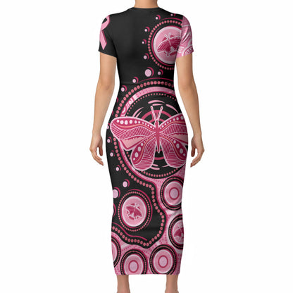 Australia Indigenous Short Sleeve Bodycon Dress Breast Cancer Ribbon Butterfly Aboriginal Arts