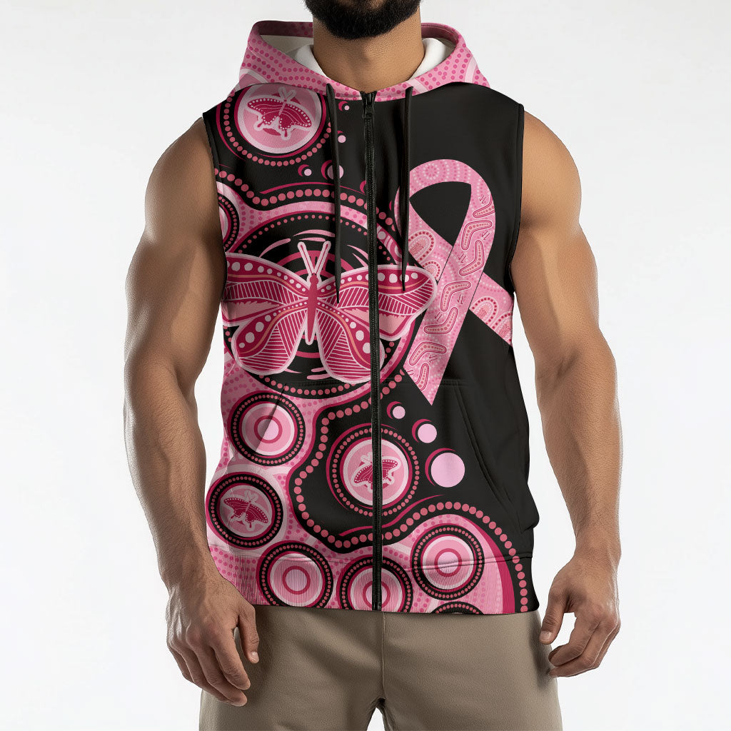 Australia Indigenous Sleeveless Zip Hoodie Breast Cancer Ribbon Butterfly Aboriginal Arts
