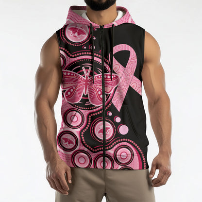 Australia Indigenous Sleeveless Zip Hoodie Breast Cancer Ribbon Butterfly Aboriginal Arts